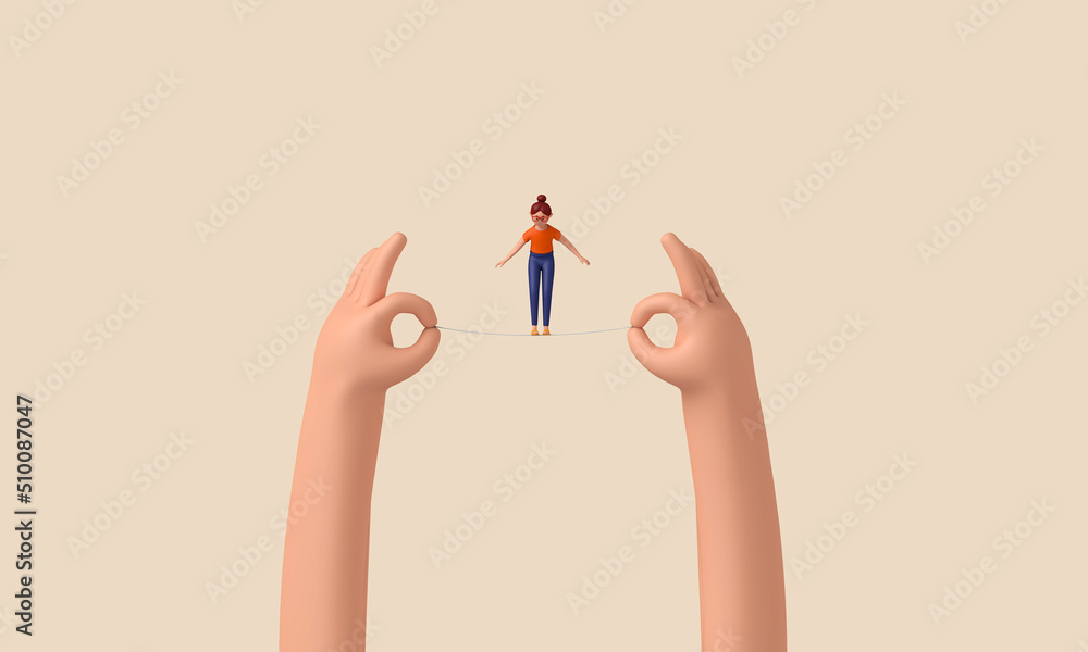 Poster person balancing on a tightrope held between two hands. 3d rendering