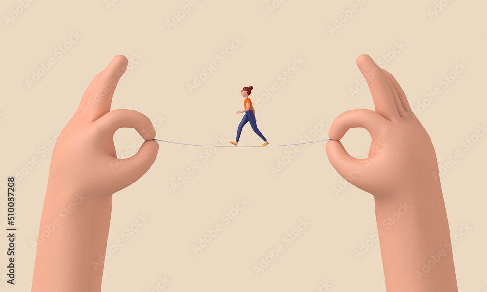 Poster person balancing on a tightrope held between two hands. 3d rendering