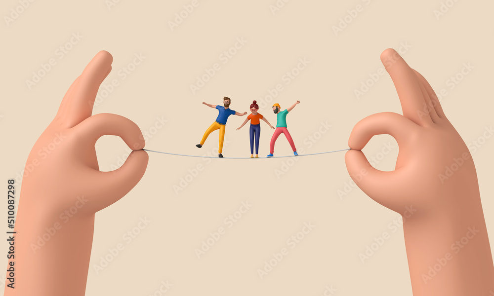 Poster person balancing on a tightrope held between two hands. 3d rendering