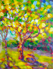 Sunny forest wood trees Original oil painting