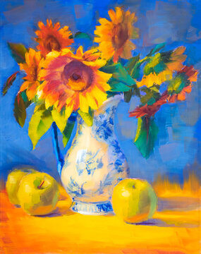 Bouquet of Sunflowers in vase impressionism oil painting