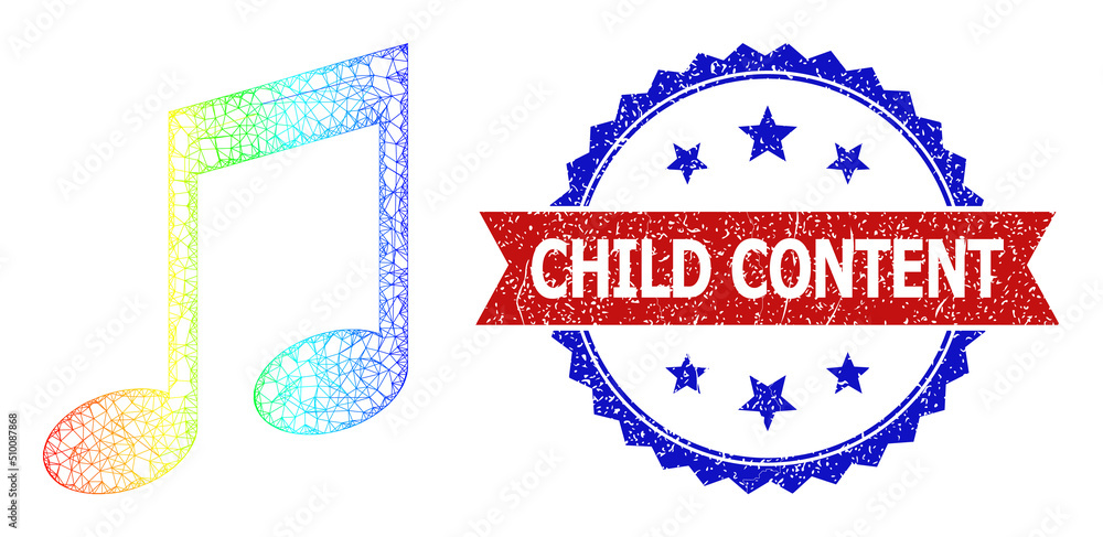 Poster network music notation frame icon with spectrum gradient, and bicolor grunge child content stamp. re