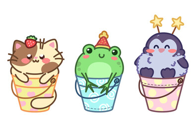 Kawaii pets sitting in buckets. Cuties cat, frog and penguin. Set of lovely characters isolated on white background.