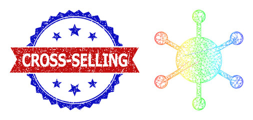 Net mesh network center framework icon with spectrum gradient, and bicolor unclean Cross-Selling seal. Red seal includes Cross-Selling caption inside blue rosette.