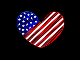 Love heart USA flag logo. Patriotic doodle emblem label card clipart icon vector graphic design template black background