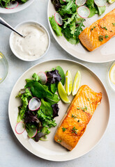 Grilled salmon fillet and fresh vegetable salad. Mediterranean diet. 