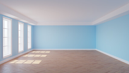 Beautiful Sunlit Interior with Light Blue Walls, Three Large Windows, White Ceiling Cornice, Parquet Flooring and a White Plinth. 3D rendering with a Work Path on the Windows. 8K Ultra HD, 7680x4320