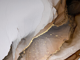 Abstract brown art with gold and gray — beige background. Beautiful smudges and stains made with alcohol ink and golden pigment. Brown fluid art texture resembles marble, watercolor or aquarelle.