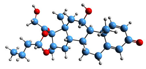  3D image of Dexbudesonide skeletal formula - molecular chemical structure of synthetic glucocorticoid isolated on white background
