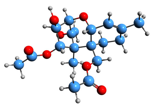 3D image of diacetoxyskirpenol skeletal formula - molecular chemical structure of mycotoxin DAS isolated on white background
