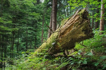A dead tree, a rotten trunk that is a shelter for small animals. The tree will turn into biomass and transfer energy to other plants and living organisms. Old forest in the Carpathians