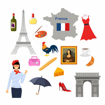 Vector illustration in cartoon style with symbols of France. Set of elements.   