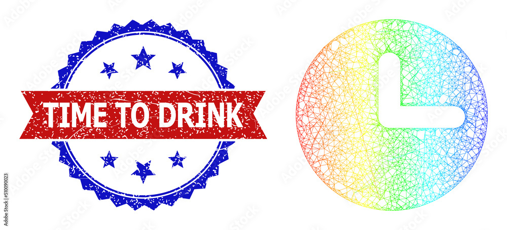 Poster net mesh time wireframe icon with rainbow gradient, and bicolor rubber time to drink seal stamp. red