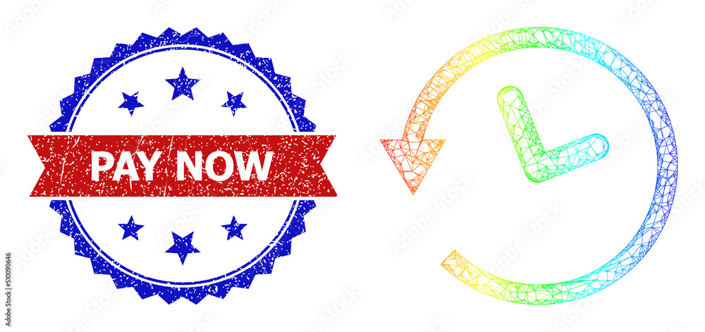 Poster net wayback machine wireframe icon with spectral gradient, and bicolor dirty pay now stamp. red stam
