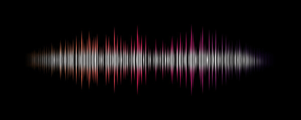 Illustration of a color sound wave. Graphic image of digital audio on a black background. Gradient sound wave. - obrazy, fototapety, plakaty