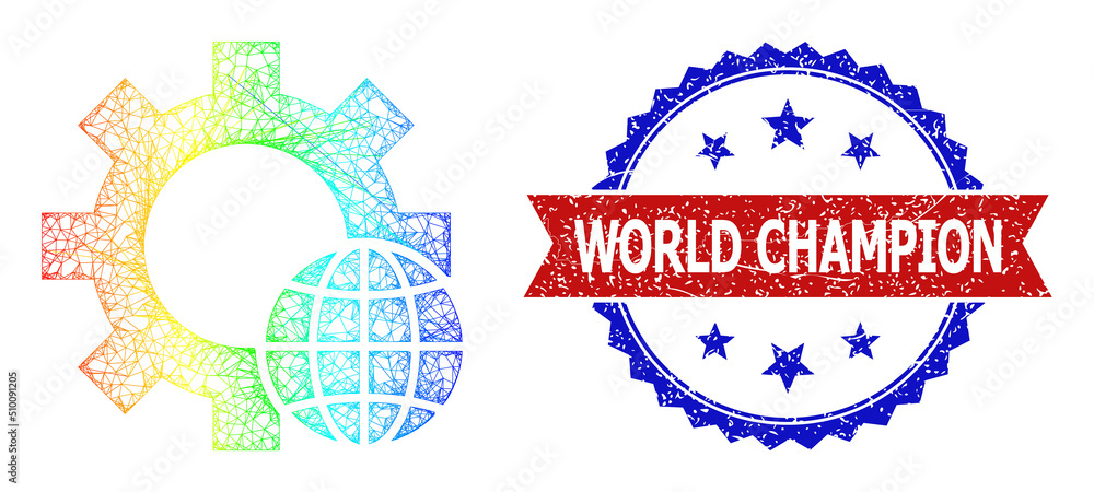 Poster mesh net world settings frame icon with spectrum gradient, and bicolor unclean world champion stamp.