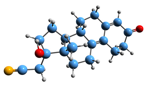  3D image of Dienogest skeletal formula - molecular chemical structure of  progestin medication isolated on white background
