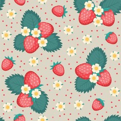Seamless pattern with colorful strawberries, blossom and leaves. Vector illustration.
