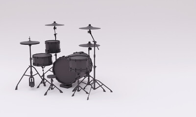 3d illustration, set of metal drums and cymbals, on a gray background, copy space, musical percussion instrument concept, 3d rendering.