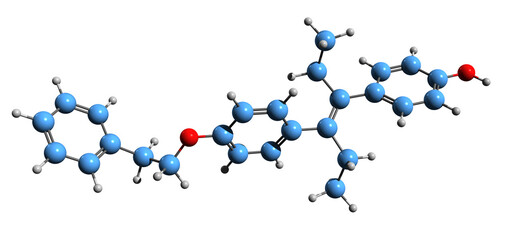 3D image of Diethylstilbestrol monobenzyl ether skeletal formula - molecular chemical structure of Nonsteroidal estrogen isolated on white background
