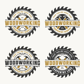 Logo carpentry set bundle, woodwork logo design template with hammer, sawmill vector vintage, saw blade circle isolated