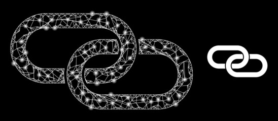 Net chain element carcass icon with light spots. Illuminated vector constellation is created from chain element icon. Vector carcass mesh chain element icon.