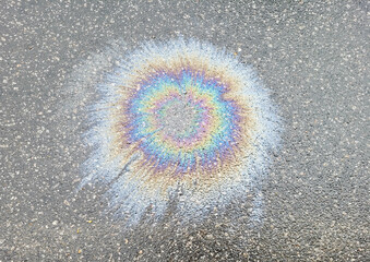 The color diluted with gasoline in a puddle. environmental pollution.