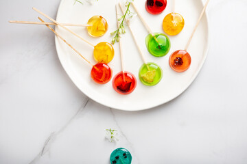Overhead view of homemade fruits lollipops