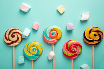 rainbow sugar lollypops  and color marshmellow top view