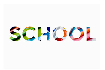 Colorful word school with images of school supplies and stationery inside the letters on a white background.
