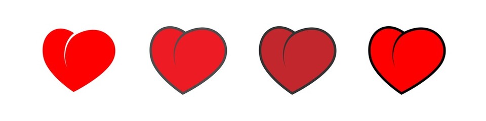 Vector icons of hearts with different shades of red with black outlines on a white background.