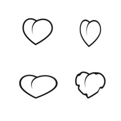 Vector icons of hearts of different shapes with black outlines on a white background.