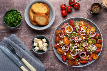Food photography of salad, vegetables, feta, bread
