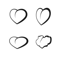 Set of vector icons of hearts of different shapes with black dynamic contours on a white background.