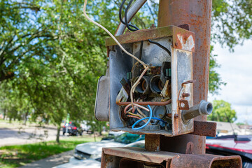 Abandoned, Exposed, and Rusted Outdoor Circuit Box on Rusted Metal Post on Street Corner in New...