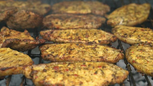 Spicy Pork Beef Bacon Being Grilled Over Bright Glowing Coals Broasting On Fire. Lunch celebration Party Barbecue. Outdoor Cooking. Cook Prepares Oriental Dish In Kitchen. Junk Food, Healthy Lifestyle