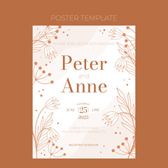 Floral wedding invite template in doodle style, invitation card design beige and white flowers, leaves and berries. Decorative frame pattern and wreath. Vector elegant decoration on white background.