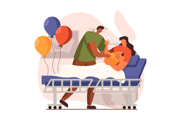 Newborn child in young family web concept in flat design. Happy mom holding infant while dad with balloons stands in maternity ward. Father and mother with kid. Illustration with people scene