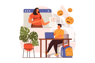 Online education web concept in flat design. Teacher explains lesson on screen, student listening webinar, takes exams remotely and gets good grades at school. Illustration with people scene