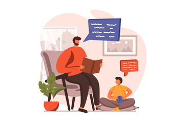 People reading book web concept in flat design. Dad reads fairy tales to his little son sitting in armchair at home. Happy family spend time with books. Illustration with people scene