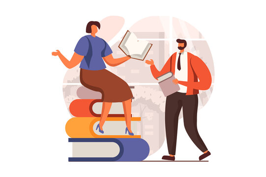 People reading book web concept in flat design. Man and woman reading books. Students study textbooks and prepare for exams. Literature, library, education. Illustration with people scene