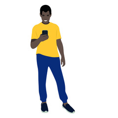 Portrait of a black guy in full growth with a phone in his hand, vector isolated on a white background, the guy looks at the smartphone