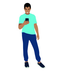 Portrait of a indian guy in full growth with a phone in his hand, vector isolated on a white background, the guy looks at the smartphone