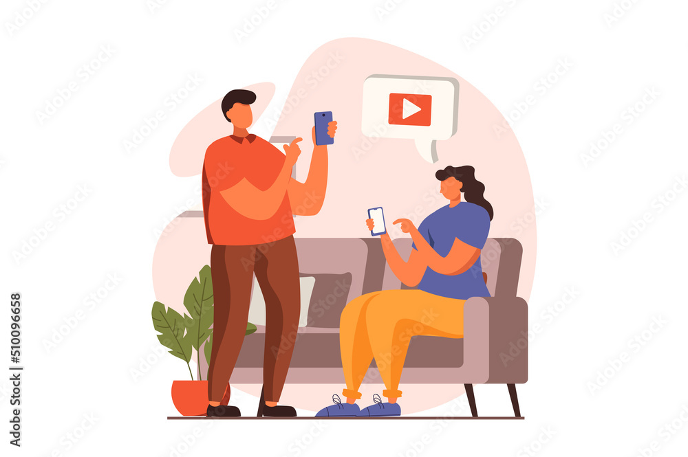 Poster people sit in gadgets web concept in flat design. man and woman browsing sites, watching video conte