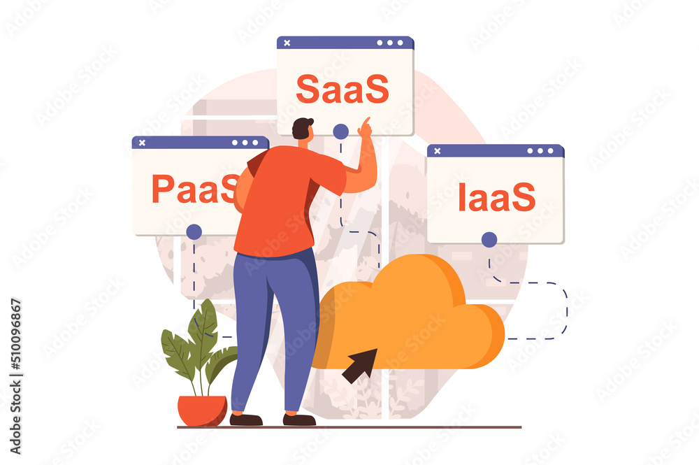 Poster saas web concept in flat design. man chooses package of programs and services to buy subscription on