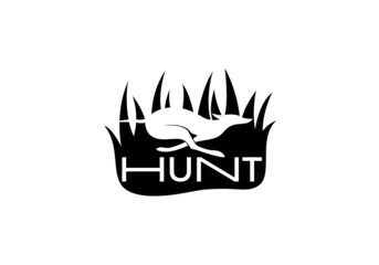 Vector Logo with a Hunting Dog Running in the Bushes. Negative Space Style Logo. Illustration of a Silhouette of a Dog Chasing Prey