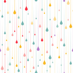 Abstract Seamless Pattern with Colorful Rain Drops. Vector Minimalist Illustration of Cartoon Drops on White Background
