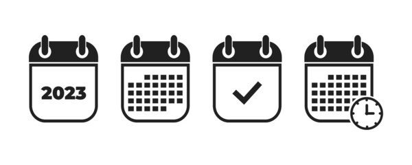 Calendar icon isolated on white background. Calendar with time clock. 2023 year . Vector illustration. 10 eps