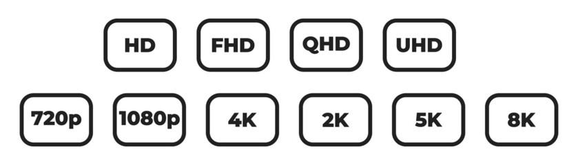 Video quality symbol. 2K 4K HD video format vector illustration isolated on white background. screen resolution .QHD, ULTRA HD text. 10 eps