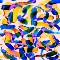 Seamless colorful pattern of chaotic brush strokes in multicolors. Print created with acrylic and watercolor paints